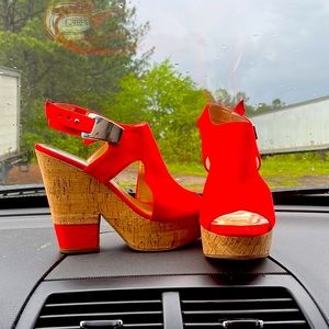 Carlos wedge heels with peekaboo toe.Red and cork heels in color.Mint condition